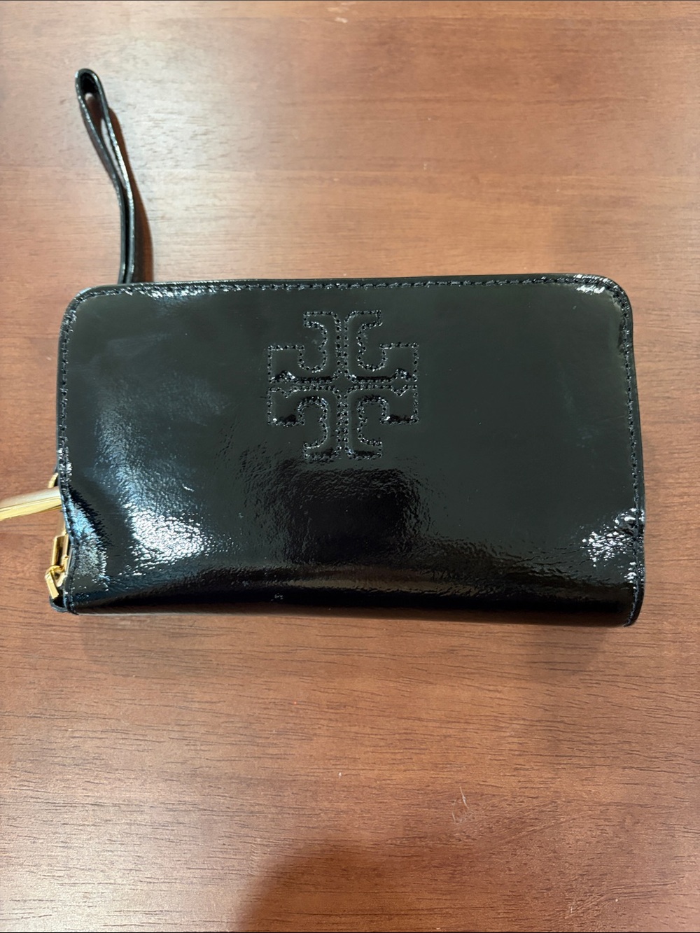 Tory Burch Black Patent Wristlet Wallet with Embossed Logo